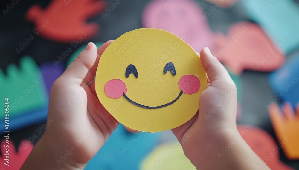 Poster the image shows a close-up view of small hands gently cradling a handmade yellow smiley face with pi