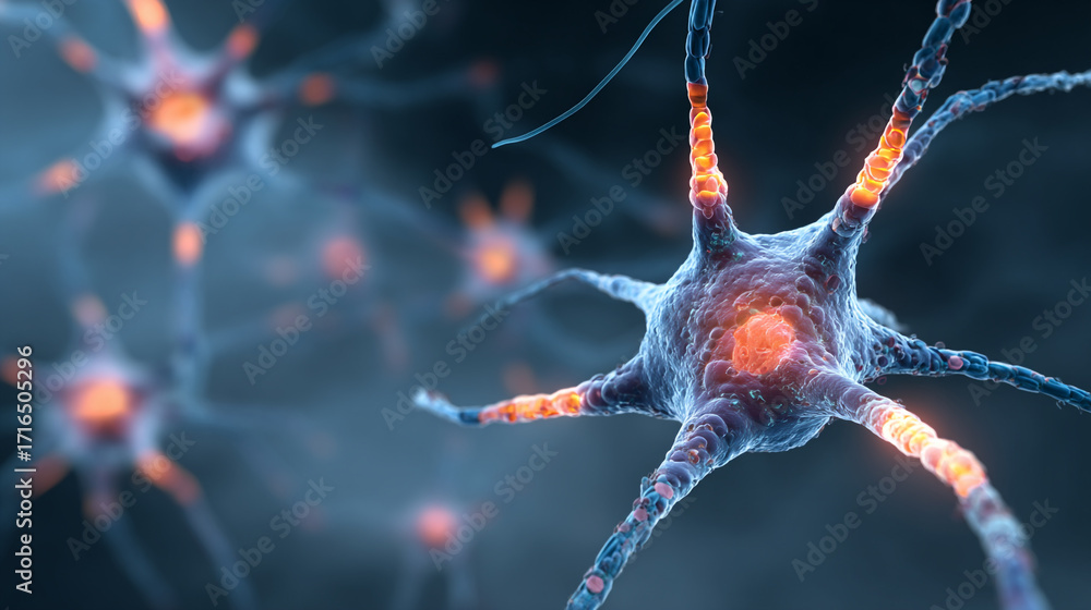 Poster microscopic view of a neuron nerve cell firing showing axon and dendrites