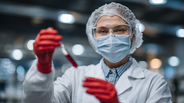 Laboratory close-up, researcher in face mask and protective clothing sealing covid-19 test tubes, bright sterile hospital facility, strict safety adherence - Powered by Adobe