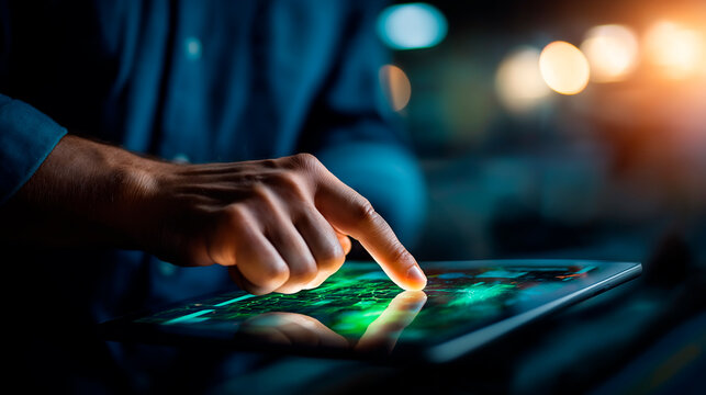 Data center technicians under bold green light use a tablet to deploy AI management tools hyper realistic network topologies glowing moody shadows on server clusters cinematic