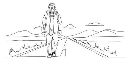 Person in a Gas Mask Walking on a Post-Apocalyptic Road