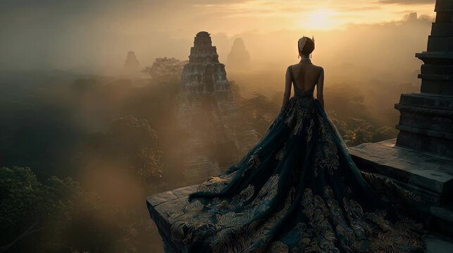 Supermodel in couture gown looks upon a jungle temple