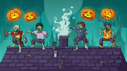 Cartoon zombies and pumpkins on a roof with chimney and spooky background for halloween night scene halloween video