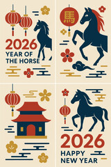 Abstract modern vector illustrations of Chinese New Year designs for 2026, Year of the Horse