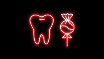Red neon dental tooth and candy icon animated against a black background