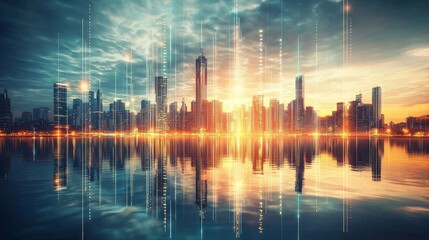Digital Cityscape Sunset Reflection with Data Streams, City, Technology Smart City, Digital Transformation