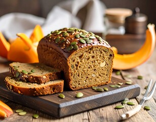 Sliced pumpkin bread on a wooden board