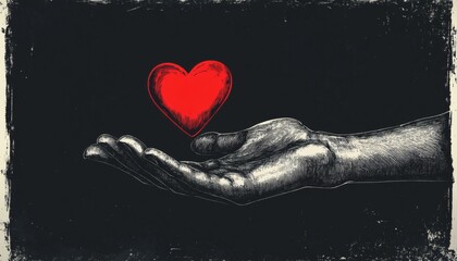 An illustration shows a hand gently cradling a vibrant red heart against a dark background, rendered in a detailed, hand-drawn style.