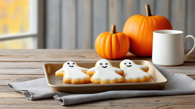Ghost shaped cookies with icing on baking sheet on rustic wooden table, white mug and pumpkins in background. Kids treats idea for Halloween. Cozy atmosphere of autumn holiday.