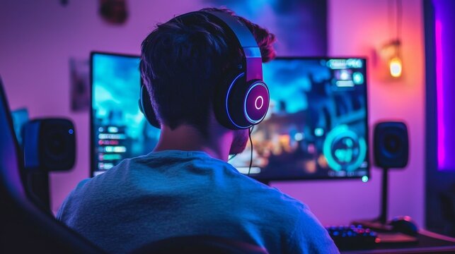 Gamer in Neon-Lit Room Rear View, Over-Ear Headphones, PC Gaming, Esports Esports, Gaming Setup - Powered by Adobe