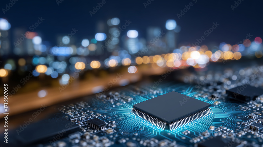 Poster futuristic close-up of esim chip on circuit board, illuminated with glowing cyan light, blurred boke