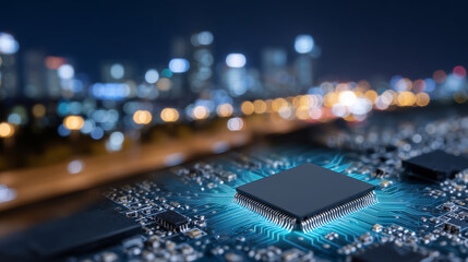 Futuristic close-up of eSIM chip on circuit board, illuminated with glowing cyan light, blurred bokeh electronics in background