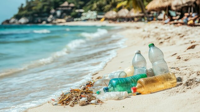 Ocean Plastic Pollution Beach Scene Composition of Discarded Bottles, Coastal Cleanup, Environmental Issues Ocean Pollution, Plastic Waste - Powered by Adobe