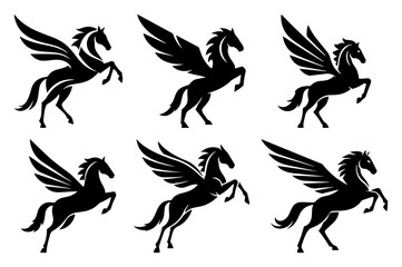 Fototapeta premium Mythical Pegasus Winged Horse Silhouette Set black shape vector laser cutting engraving monochrome print