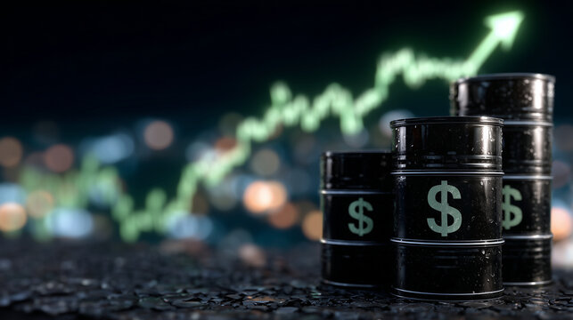 Black barrels of crude oil with dollar signs faintly glowing, green upward-trending graph in background, energy market boom