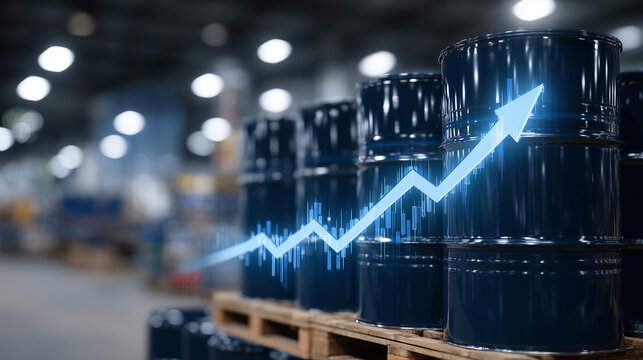 Oil barrels lined in warehouse, translucent stock chart with rising arrow overlay, concept of market growth in crude oil industry - Powered by Adobe