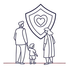 Family seeks protection a family stands before a shield