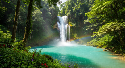 Lush tropical jungle surrounds a vibrant turquoise waterfall with a rainbow shimmering in the mist.