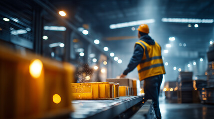A retail depot team under bold yellow light tracks barcodes for shipments hyper realistic airway bill visuals glowing moody shadows on crates bright saturation in tracking