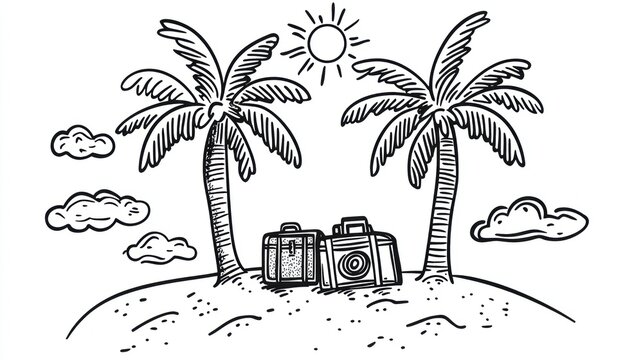 Palm trees and suitcases on island sketch