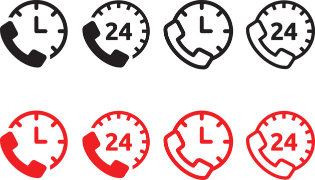 24 hour, service, support, icon, symbol, clock, time, phone, call, customer, help, assistance, round the clock, availability, communication, business, graphic, design, black, red, white background, se