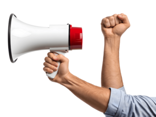 A mans hand holding a megaphone isolated on white isolated on transparent background