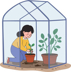 Woman gardening inside greenhouse planting new plants for home garden care and growth vector illustration