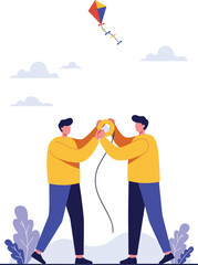 Two men flying colorful kite on windy day outdoors casual clothing leisure activity vector illustration