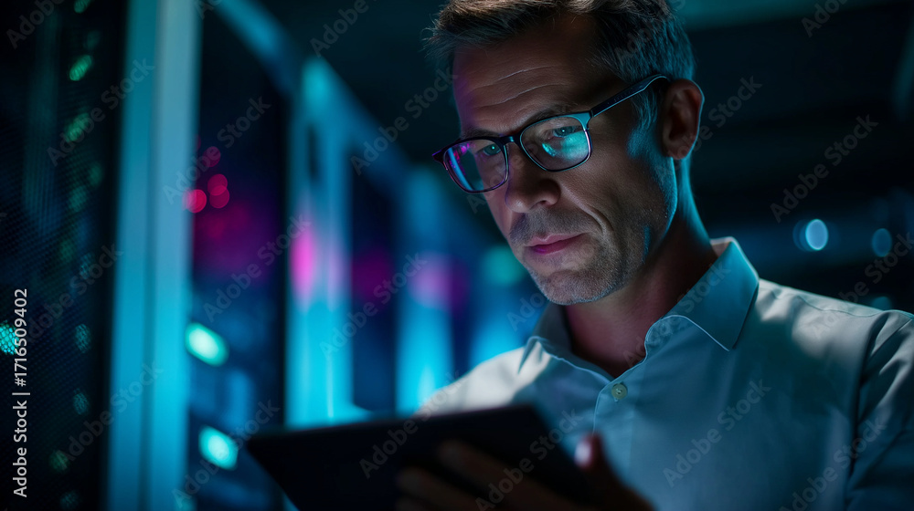 Poster a close up of a data center engineer under stark cyan light oversees server virtualization on a tabl