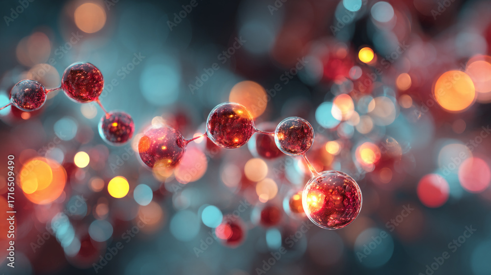 Poster red spheres connected forming a molecular structure against a blurred background of colorful lights