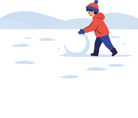 Child playing with snowball in winter landscape wearing warm clothes and hat vector illustration