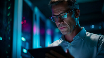 A close up of a data center engineer under stark cyan light oversees server virtualization on a tablet hyper realistic scripts glowing moody shadows on server racks bold color