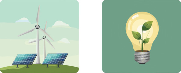Renewable energy concept, solar panels, wind turbines, eco-friendly power, green innovation, light bulb plant, sustainability, clean energy, nature protection, illustration