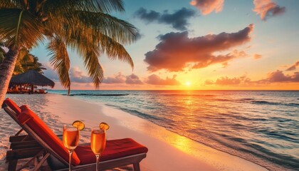 Two champagne flutes with lime wedges sit on a beach lounger at sunset, overlooking a calm ocean with palm trees nearby.