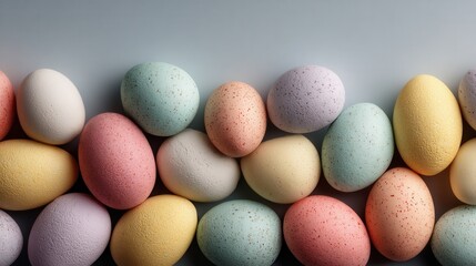 Scattered floating pastel Easter eggs on plain background