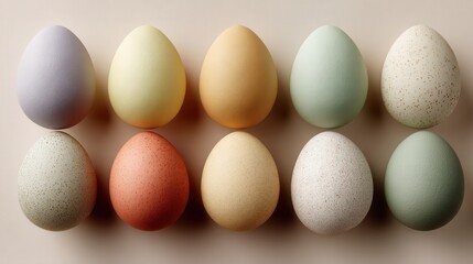 Scattered floating pastel Easter eggs on plain background