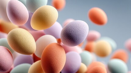 Scattered floating pastel Easter eggs on plain background