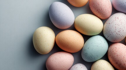 Scattered floating pastel Easter eggs on plain background