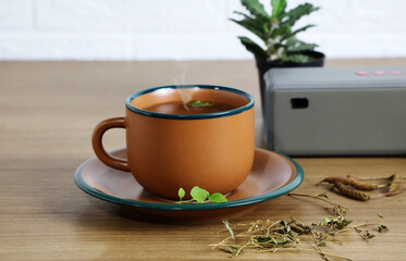 Warm tea in a cup with a saucer, dried herbs, leaves and stems are placed on the table, next to it is a Bluetooth speaker and a succulent plant in a small black pot.

