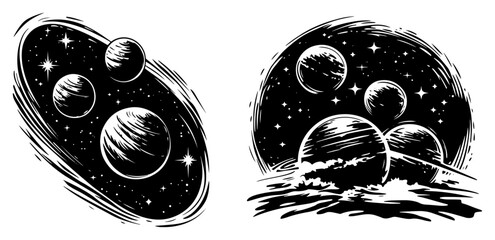 Monochrome Space Scene Illustrations with Planets and Stars © Camel