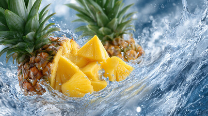 Pineapple and mango pieces in mid-air above water, splash creating arcs and ripples, natural tropical light emphasizing vibrant colors