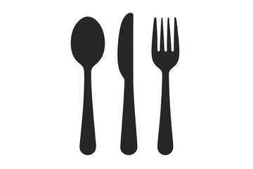 Cutlery icon set with spoon, knife, and fork. Black silhouette style vector illustration. Kitchen utensil and tableware for eating, food, restaurant, and dinner. Isolated on white.