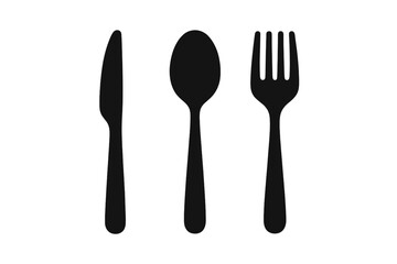 Cutlery icon with knife, fork, and spoon. Black silhouette set for restaurant menu, food, and dining concepts. Vector graphic illustration of kitchen utensils, flatware, tableware.