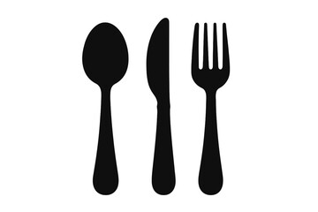 Cutlery icon with spoon, knife, and fork. Black silhouette symbol for food, dining, and restaurant menu. Vector illustration of kitchen utensils for eating. Flat design isolated.