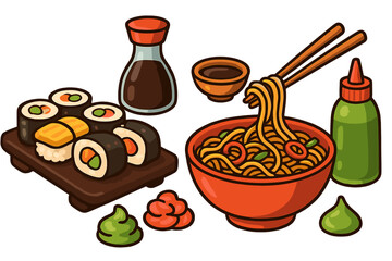 Asian food set with sushi and ramen noodles. Japanese cuisine concept with maki rolls, soy sauce, wasabi and ginger. Vector cartoon illustration for restaurant menu design.