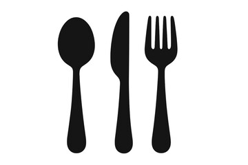 Cutlery icon set with spoon, fork, and knife. Black silhouette symbol for restaurant, food, and dining. Vector illustration of kitchen utensils for a dinner menu design.