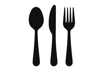 Cutlery icon set with spoon, fork, and knife. Black silhouette vector illustration. Symbol for food, dining, restaurant, and kitchen. Simple flat design element for menu or logo.