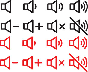 black, speaker, icons, volume, vector, design, illustration, sound, audio, music, icon, symbol, level, increase, decrease, mute, off, on, loud, quiet, graphic, set, collection, red, white, rounded squ