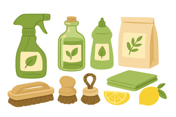 Eco friendly cleaning supplies set. Natural green household products for sustainable living. Zero waste home cleaning tools, organic detergent, bottle, brush, lemon, soda. Vector