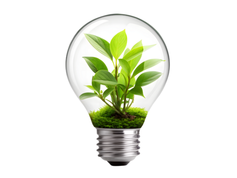 A light bulb with a plant inside isolated on transparent background